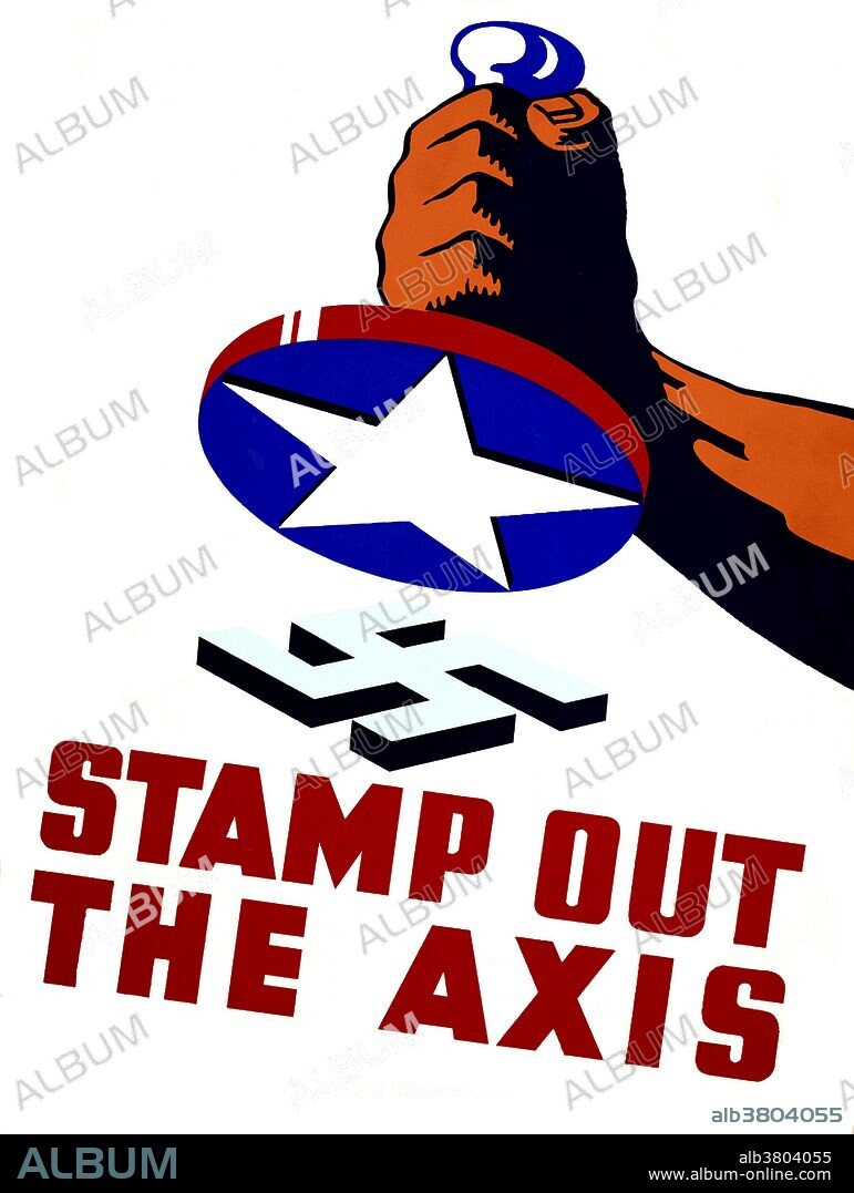 Entitled: "Stamp out the Axis". Poster shows a fist holding a stamp with an American star ready to stamp out a Nazi swastika during World War II. The Federal Art Project (FAP) was the visual arts arm of the Great Depression era New Deal Works Progress Administration Federal Project Number One program in the United States. Funded under the Emergency Relief Appropriation Act of 1935, it operated from August 29, 1935, until June 30, 1943. Reputed to have created more than 200,000 separate works, FAP artists created posters, murals and paintings. Some works still stand among the most-significant pieces of public art in the country. The FAP's primary goals were to employ out-of-work artists and to provide art for non-federal government buildings. The program made no distinction between representational and nonrepresentational art. As a result, the program supported such iconic artists as Jackson Pollock before their work could earn them income. Created by Phil Von Phul, dated 1941.