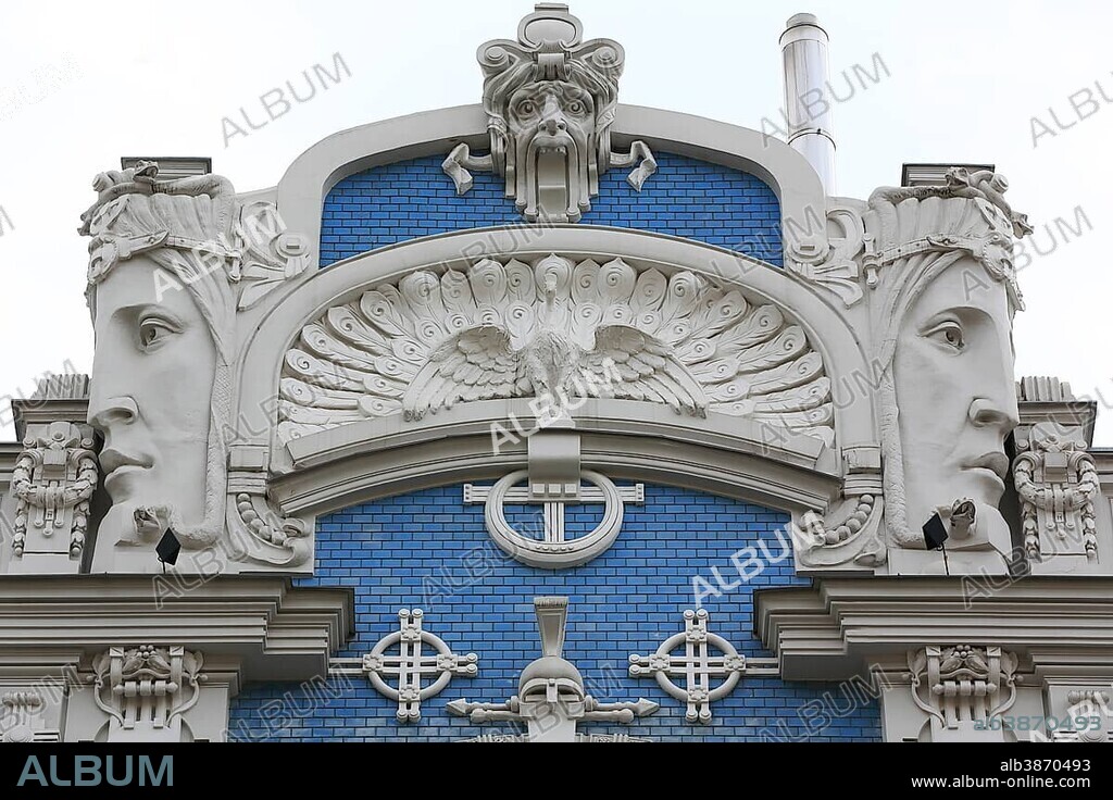 Art Nouveau facade of the house Eliza iela 10b or Elizabeth Street 10b, architect Mikhail Eisenstein, Riga, Latvia, Europe.