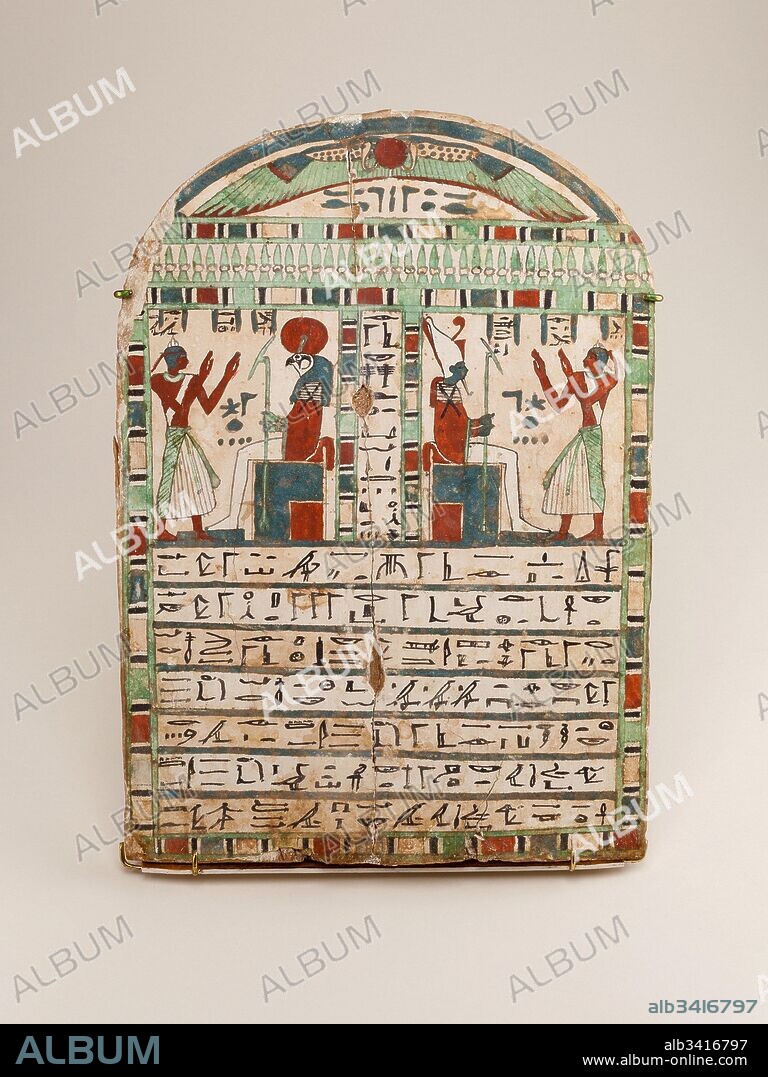 Stela of the Temple–Servant of Amun, Irtihareru, Kushite Period–Saite Period, Dynasty 25–26, ca. 750–525 B.C., From Egypt, Upper Egypt, Thebes; Said to be from Asasif, Tombs 811-840, 1929-1930, Wood, gesso, paint, L: 35 cm (13 3/4 in); W: 24.5 cm (9 5/8 in); Th: 2 cm (13/16 in), As part of the burial equipment, funerary stelae made a prayer for offerings for the maintenance of the deceased. In addition to forms of Osiris, Re-Harakhty and Atum—as the rising and setting sun and thus connected with continued life—are particularly favored focal gods.