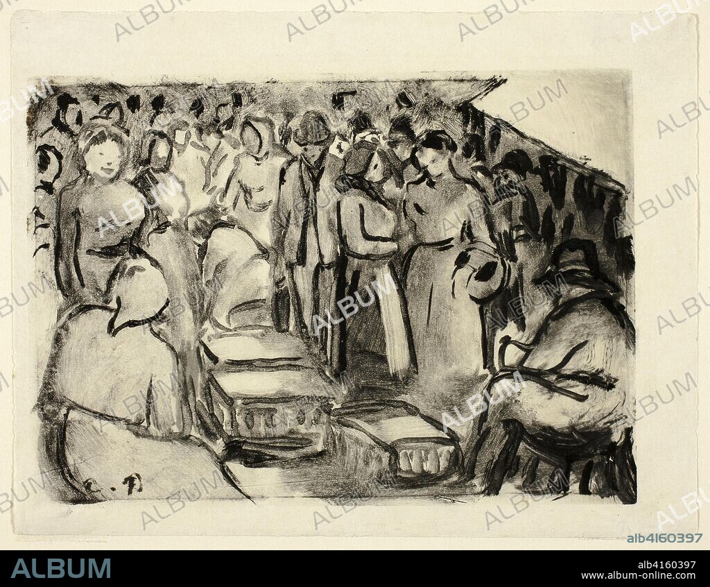 The Market. Camille Pissarro; French, 1830-1903. Date: 1890-1900. Dimensions: 130 × 180 mm (image); 130 × 180 mm (plate, mark not clear); 155 × 203 mm (sheet). Monotype on cream paper. Origin: France.