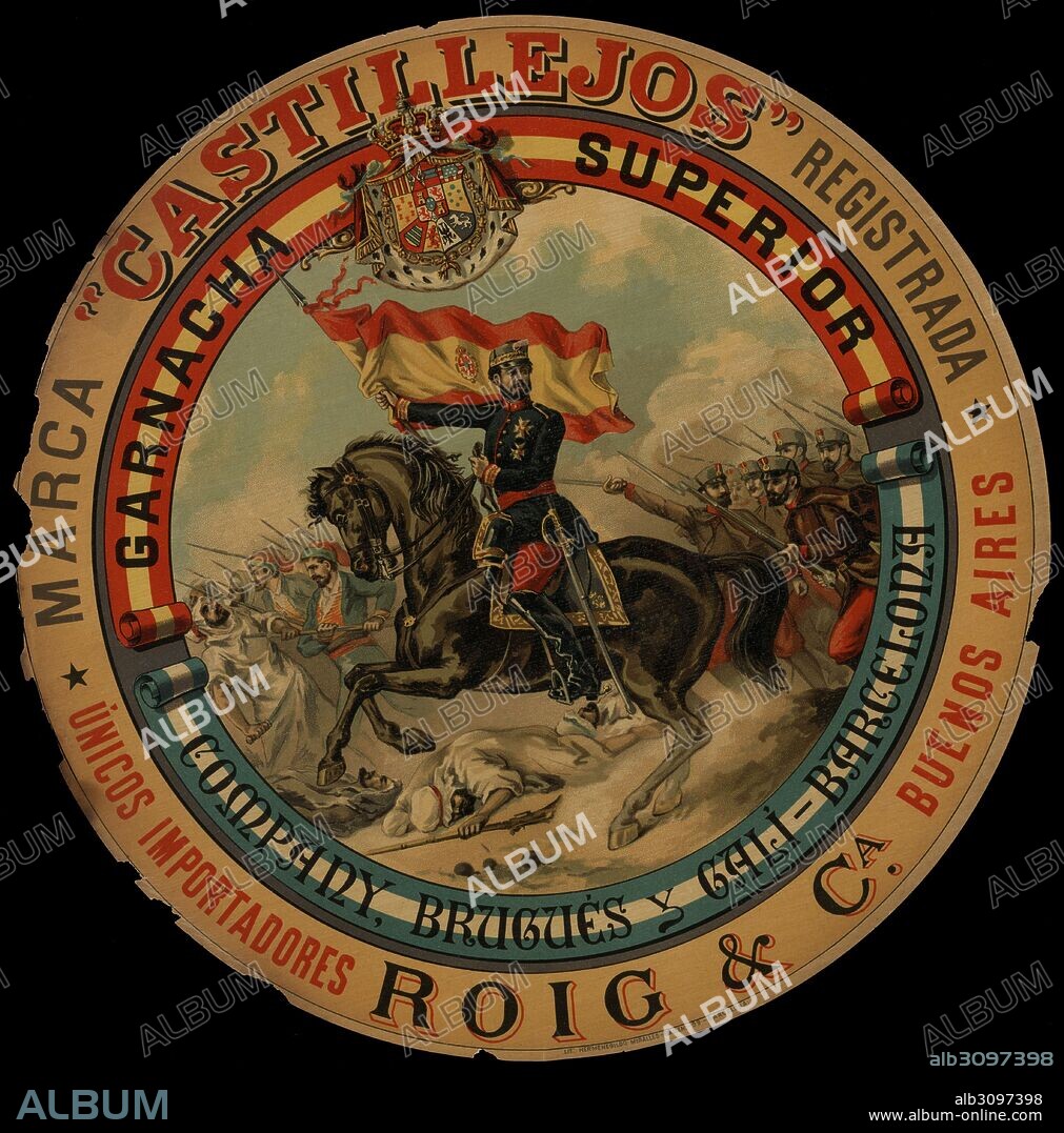Etiqueta publicitaria de vino garnacha Castillejos distribuido por Roig y Compañía, de Buenos Aires. Años 1905.