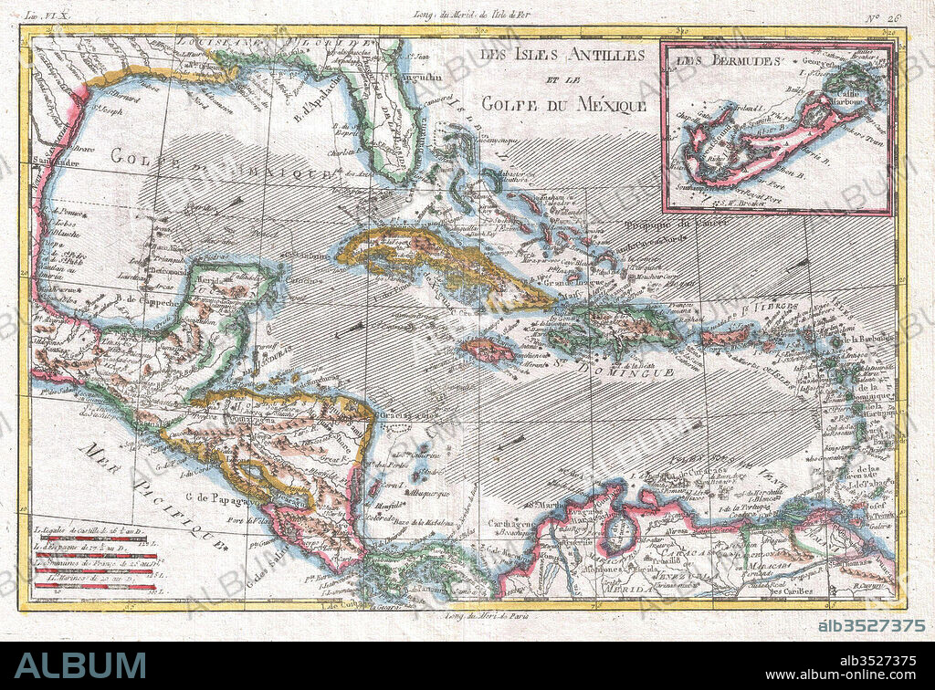 1780, Raynal and Bonne Map of the West Indies, Caribbean, and Gulf of Mexico, Rigobert Bonne 1727 – 1794, one of the most important cartographers of the late 18th century.