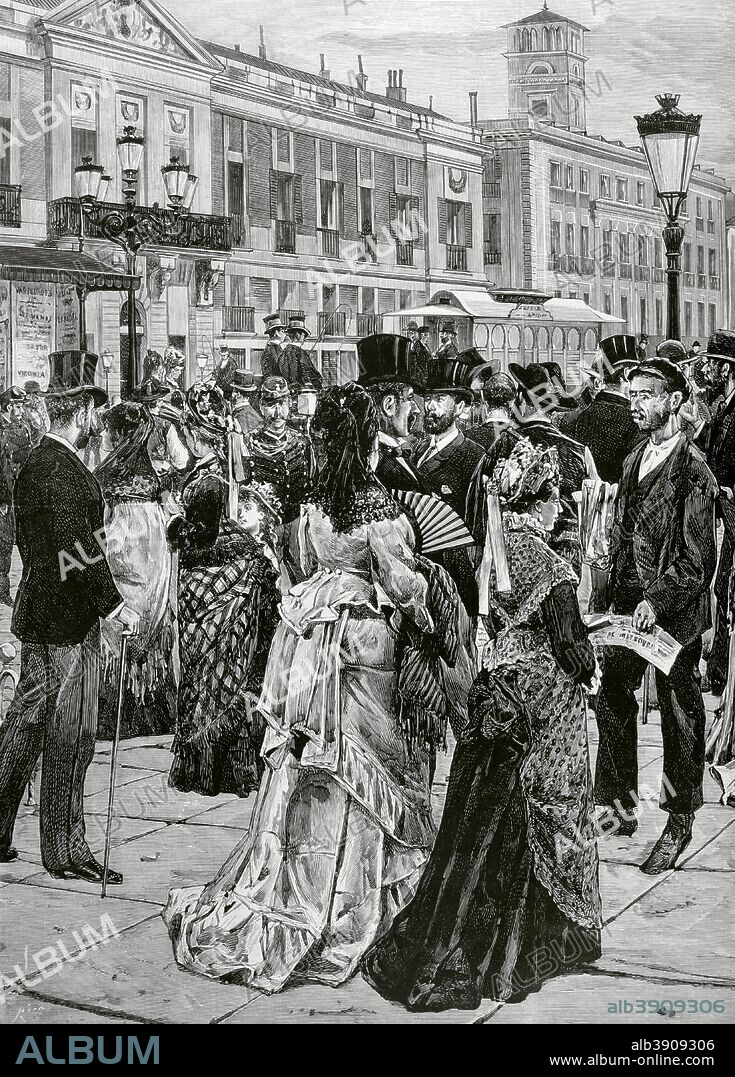 Sociedad siglo XIX. España. Madrid. Escena en la Puerta del Sol. Dibujo por José Luis Pellicer. Grabado por Rico. La Ilustración Española y Americana, 8 de mayo de 1876. Biblioteca Histórico Militar de Barcelona. Cataluña, España.