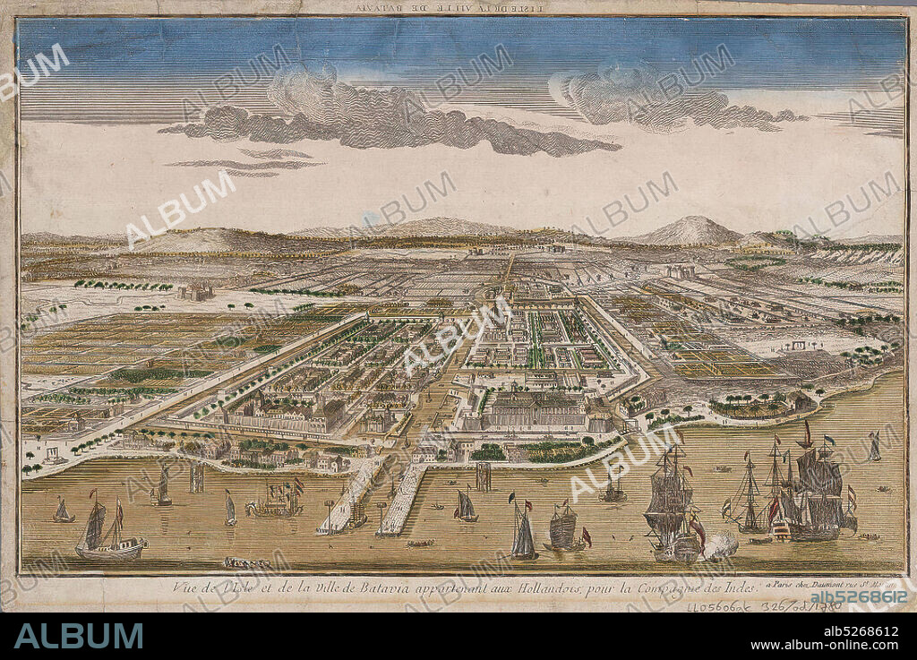 Vista de la isla y ciudad de Batavia perteneciente a los holandeses, para la Compañía de las Indias Orientales. Daumont, Paris c. 1780; 25 x 39 cm; circa 1780 NL.