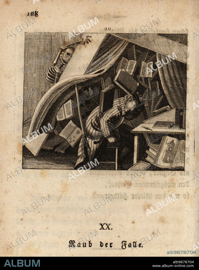 The skeleton of Death, Freund Hans, pushing a bookcase on top of a bookseller at his desk, 18th century. Heavy volumes rain down on a book dealer. Trap of plunder. Raub der Falle. Copperplate engraving by Johan Georg Mansfeld after an original by Johann Rudolf Schellenberg from Johan Kark Musauss Freund Heins Erscheinungen in Holbeins Manier, (Apparitions of Death in the manner of Holbein) Mannheim, 1803.