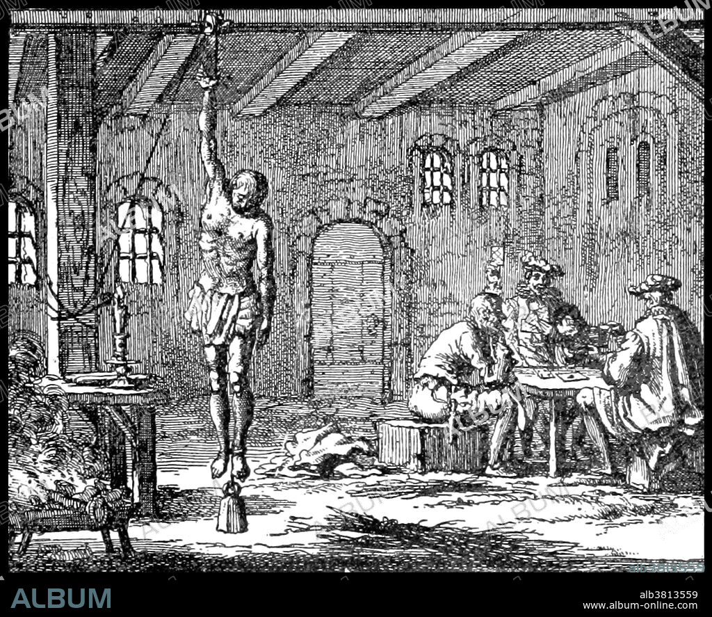 The strappado is a form of torture wherein the victim has his or her arms tied behind their back; a large rope is then tied to the wrists and passed over a pulley, beam, or a hook on the roof. The torturer pulls on this rope until the victim is hanging from the arms. Since the hands are tied behind the victim's back, this will cause a very intense pain and possible dislocation of the arms. The full weight of the subject's body is then supported by the extended and internally rotated shoulder sockets. While the technique shows no external injuries, it can cause long-term nerve, ligament, or tendon damage. The technique typically causes brachial plexus injury, leading to paralysis or loss of sensation in the arms. Weights may be added to the body to intensify the effect and increase the pain. This kind of torture would generally not last more than an hour, without rest, as it would likely result in death. Other names for strappado include; reverse hanging, Palestinian hanging and il tormento della corda. Historically, it was used by the medieval Inquisition and many governments.