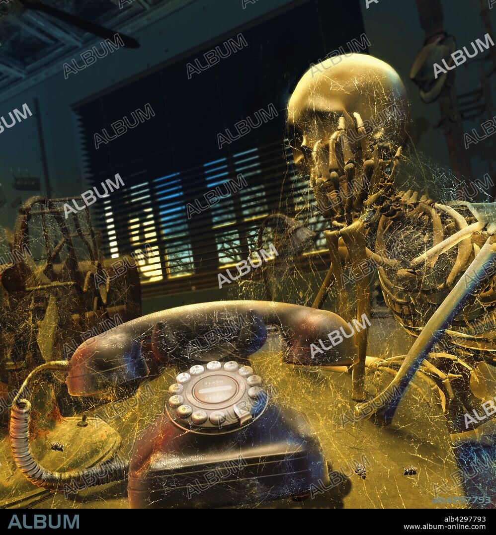 Skeleton waiting for dusty phone to ring.