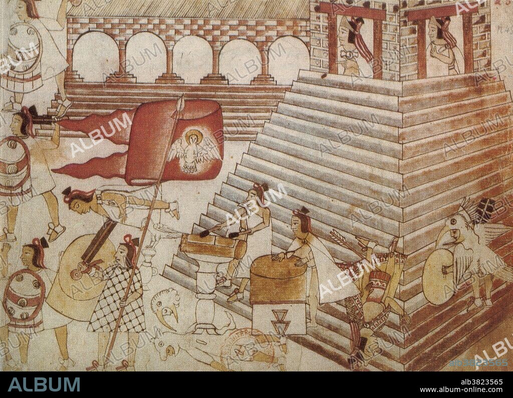 Aztec warriors defending the temple of Tenochtitlan against conquistadors, 1519-1521. Hernando Cortes (1485-1547) Spanish conquistador, led an expedition to Mexico, landing in 1519. Although the conquistadors numbered only some 500 men, an Aztec prophecy regarding the return of the god Quetzlcoatl, whom the natives believed Cortes resembled, enabled them to reach the Aztec capital, Tenochtitlan, which they then captured, imprisoning the Emperor Montezuma II. The city later revolted, forcing Cortes and his men to retreat. The following year, however, Cortes returned, recapturing Tenochtitlan and overthrowing the Aztec empire. Tenochtilan was the capital of the Aztec empire, founded in 1325, destroyed by the Spaniards in 1521 and now the site of Mexico City.