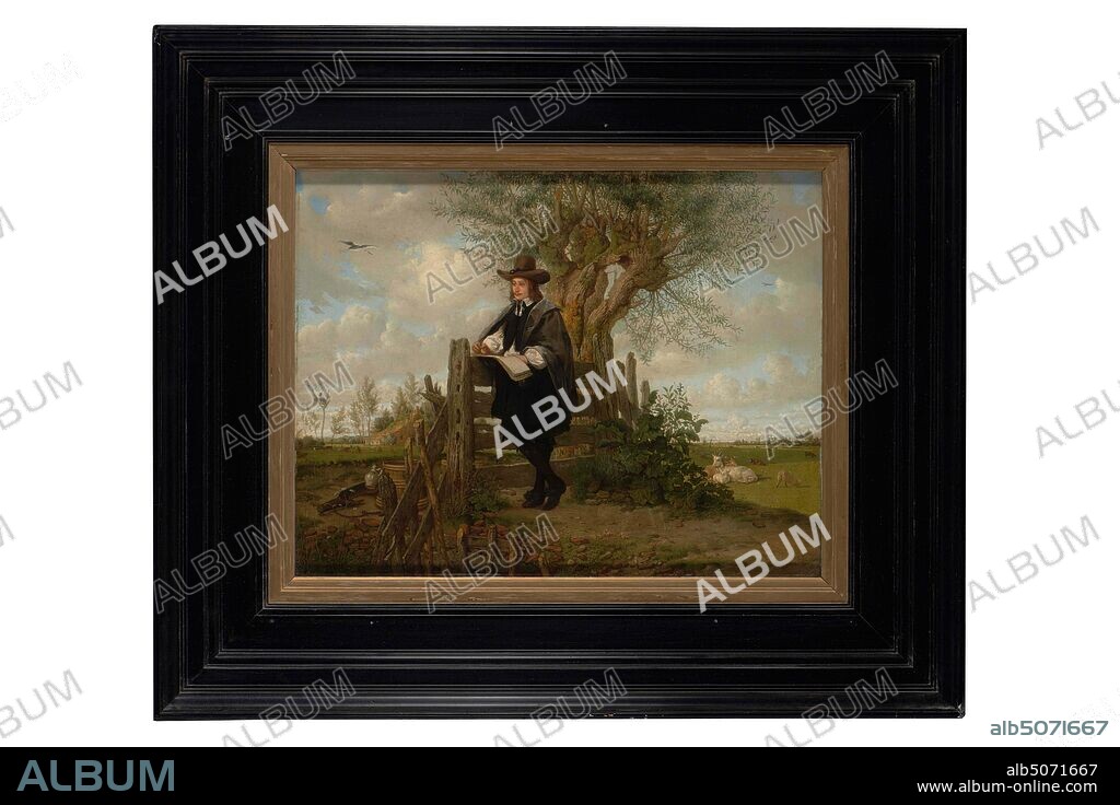 painting, Jacobus Ludovicus Cornet, c. 1845, Signature back, center: J.L. Cornet. f, panel, oil paint, painted, Carrier: 40.7 × 53.2 × 0.6cm (407 × 532 × 6mm), With frame: 67.4 × 79.2 × 6.8cm ( 674 × 792 × 68mm), landscape, stork, man's portrait, farm, Portrait of a man: Paulus Potter. He is depicted in full-length, turned little to the left and leaning against a sheet pile, in a meadow landscape with gnarled willow. The man draws in his sketchbook, which he rests on the fence with his left hand. He wears a wide-brimmed hat, long curly hair and a gray cloak over a black robe with a small white collar. To the left of the gate is a yoke with wooden buckets and a jug. More to the left, a farm with a stork's nest can be seen. A stork flies in the air. On the right a meadow landscape with goats and in the future houses under trees. Signed on the back. The painting is in a black-painted wooden frame with a gilded inner edge and is behind glass, 1947.