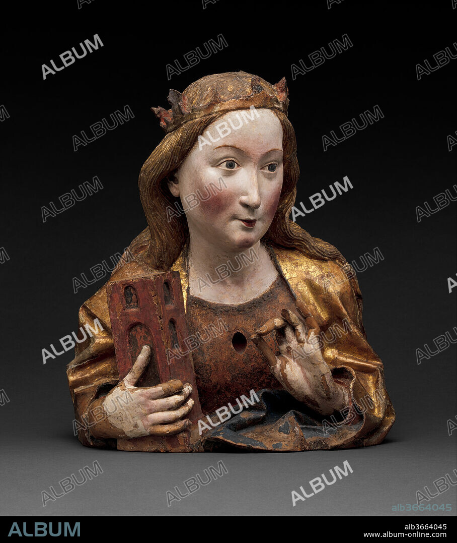 Reliquary Bust of Saint Barbara. Artist: Workshop of Niclaus Gerhaert von Leyden (North Netherlandish, active Strasbourg, ca. 1462-died 1473 Vienna). Culture: German. Dimensions: Overall: 19 7/8 x 17 1/2 x 10 7/8 in. (50.5 x 44.5 x 27.6 cm). Date: ca. 1465.
This bust, and its companion (acc. no. 17.190.1734), reflect the liveliness and innovative naturalistm of sculpture carved in Nikolaus Gerhaert's workshop when he was working in the Upper Rhine region.  Saint Catherine, whose relics were once located in the chest cavity, can be identified by her attributes the sword and the wheel.  The bust of Saint Barbara also contained relics.  She is recognized by the tower she holds in her right hand.  It is likely that the busts were originally set into niches in the altarpiece at the high altar in Wissembourg.  In addition to the saints seen here the altarpiece also incorporated busts of Saint Margaret (now in the Art Institute of Chicago) and Saint Agnes (unlocated).  Plaster casts of all four busts are preserved in the Musée de l'Oeuvre Notre-Dame in Strasbourg.