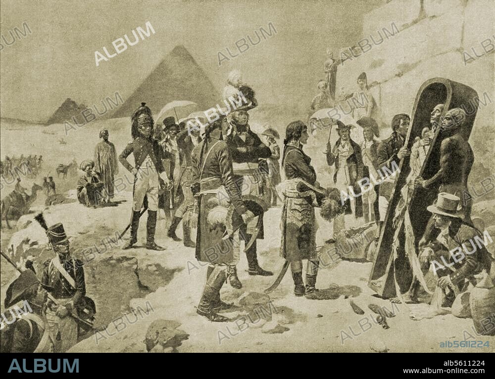 Napoleon I. Bonaparte Kaiser der Franzosen (ab 1804), 1769-1821. "General Napoleon Bonaparte vor den Mumien der Pharaonen". (Ägyptische Expedition 1797/98). Nach Gemälde Maurice Orange (1868-1916).