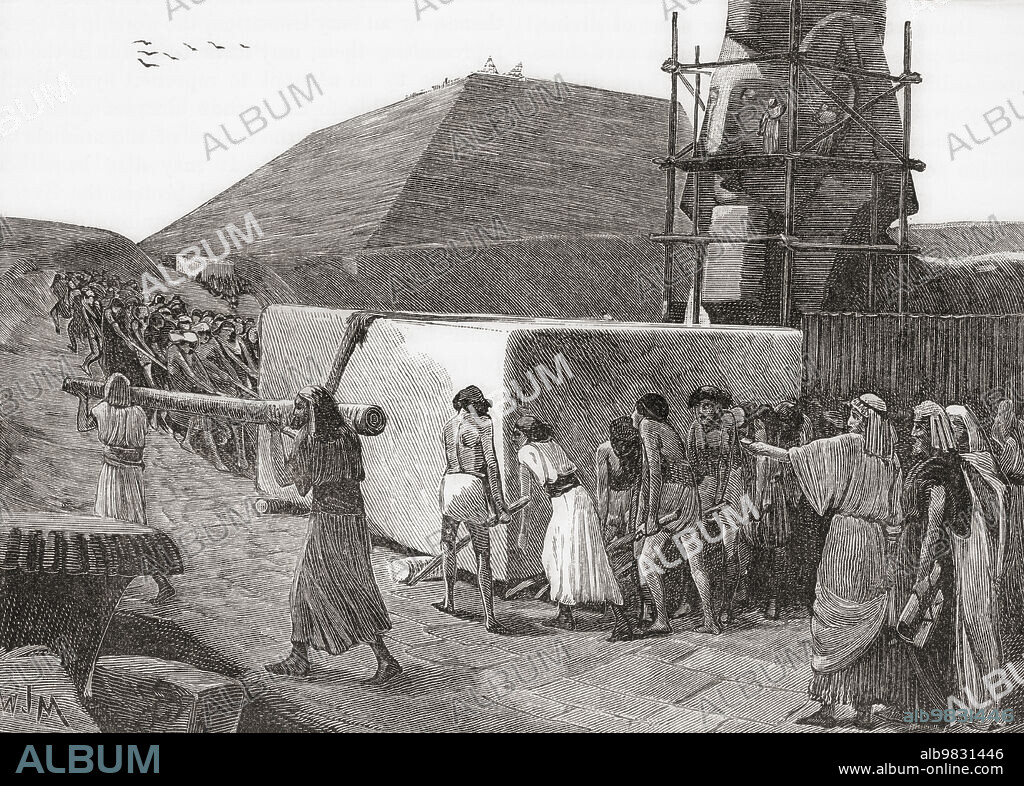 Slaves building a pyramid in ancient Egypt. From Cassell's Universal History, published 1888.