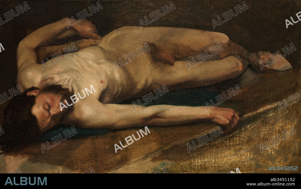 Male Nude, 1856, Oil on canvas, 13 3/4 x 24 1/4 in. (34.9 x 61.6 cm), Paintings, Edgar Degas (French, Paris 1834–1917 Paris), This unfinished picture dates to Degas’s early years as an art student in Paris. Rather than using a fresh canvas, he painted the nude on top of another figure study, which is partially visible underneath.