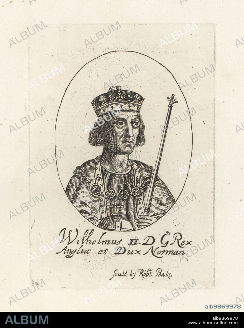 King William II of England, William Rufus, c.1056-1100. In crown, ermine mantle and jeweled collar, holding orb and sceptre. Wilhelmus II, DG Rex Anglia et Dux Norman. From William Faithorne's set of Kings, sold by Robert Peake. Copperplate engraving from Samuel Woodburns Gallery of Rare Portraits Consisting of Original Plates, George Jones, 102 St Martins Lane, London, 1816.