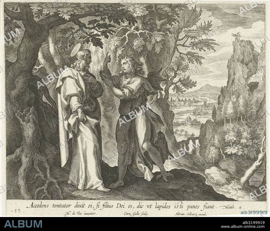 Temptation of Christ in the Desert, print maker: Cornelis Galle I, Maerten de Vos, 1598 - 1618.
