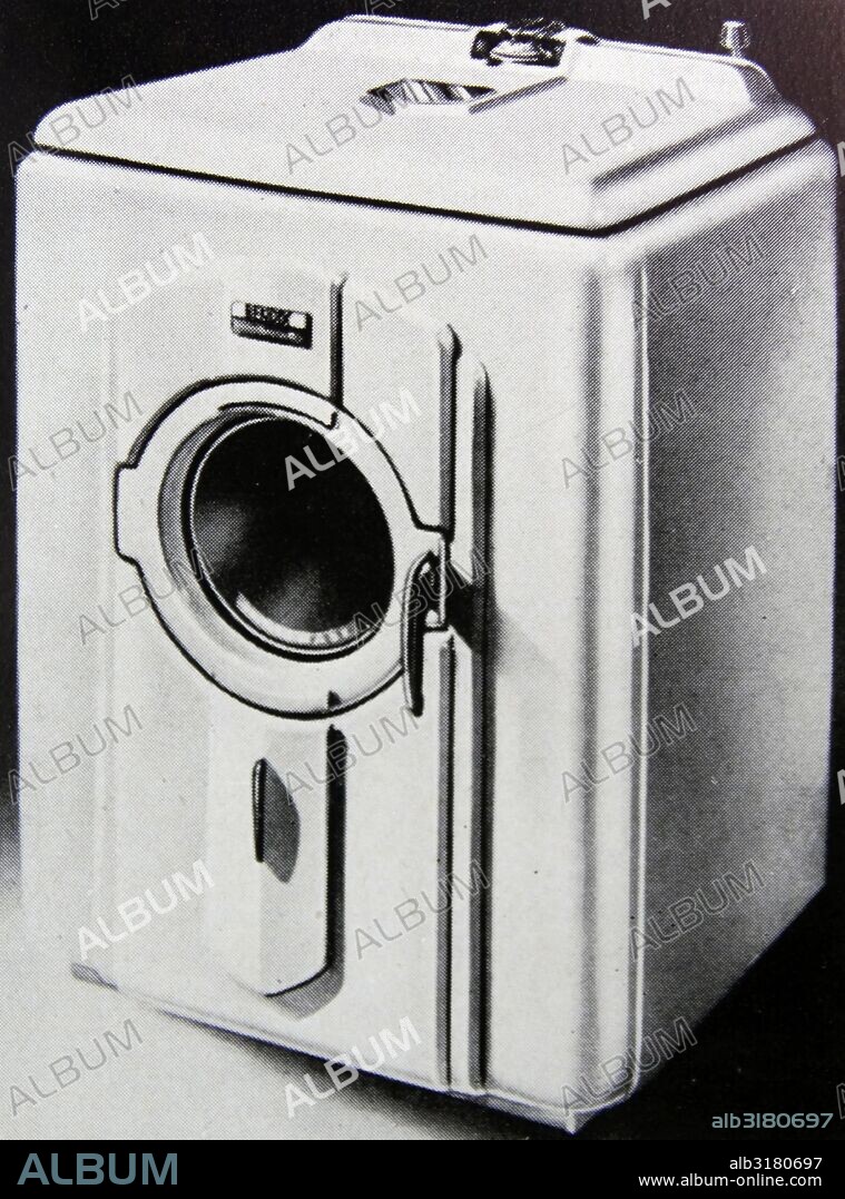 A Bendix washing machine with front and top loading doors. British white goods, dated 1950.