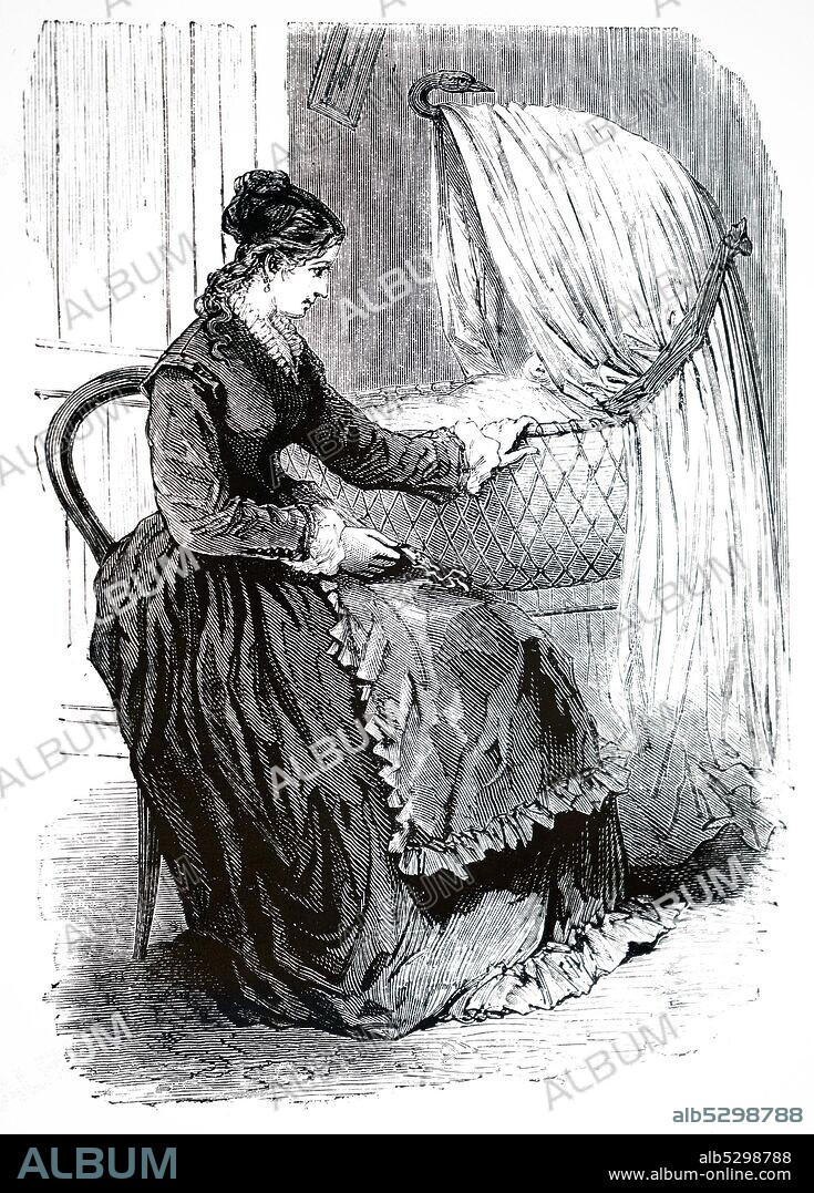 Engraving depicting a mother rocking her child in a cradle.