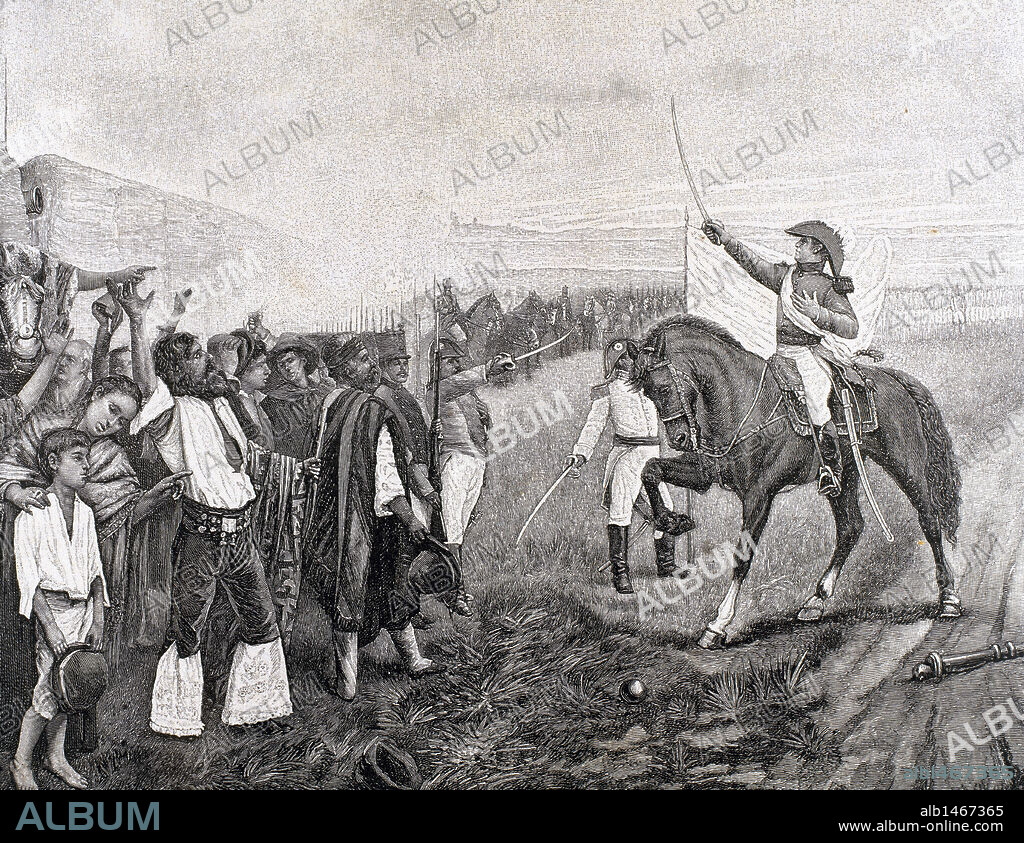 INDEPENDENCIA DE ARGENTINA. BELGRANO, Manuel (1770-1820). Militar argentino. "LA PRIMERA BANDERA ARGENTINA, PRESENTADA AL EJERCITO REVOLUCIONARIO POR EL GENERAL BELGRANO EL 27 DE FEBRERO DE 1812".