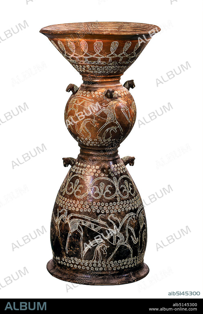 Holmos, Formerly Johannes W. F. Collection Reimers (Hamburg), clay, slowly turned, hand-modeled, fired (ceramic), clay, Total: Height: 81.5 cm; Diameter: 37 cm, ceramic, mythical creatures, monsters, legendary figures, mythical animals (hoofed animals), fabulous creatures (predators), ornaments, plant ornaments, animals as ornament, antiquity, Characteristic for a so-called Holmos is its shape with a widely projecting funnel, small spherical middle part and bell-shaped lower part. The vessel almost looks like a strongly abstracted human body, on whose head a bowl is balanced. This holmos has a richly incised and stamped decoration, which decorates the vessel stand in several registers. Animal and ornamental friezes are separated from each other by three rows of concentric circles with a central point. Four plastic animal heads each surround the middle and lower part. Depicted are horses, mythical animals with wings or horns, cat-like animals and in the open spaces animal protoms. Distinctive are the overlength slender legs, the stylized bodies and the small head. The design of the animals and mythical creatures is strongly reminiscent of the Orientalizing phase that began in Greece at the beginning of the 7th century B.C, in which angular geometric art was replaced by curved forms and enriched with interior decorations, flower motifs and supernatural beings such as the sphinx. The Holmos is an impressive Italian creation. It served as a vessel stand for a large cauldron in which wine and water were probably mixed and served to guests at a feast. Oriental metal stands and cauldrons from the Syrian-Urartian region served as models. Named after a site near Bologna, the Villanova culture had developed and spread in pre-Roman Italy from the 9th century BC onwards. Tuscany was an important center of this early culture. Characteristic features included cremation burials in vessel urns, the addition of bronze weapons and armour, and a brownish ceramic known as impasto ware.