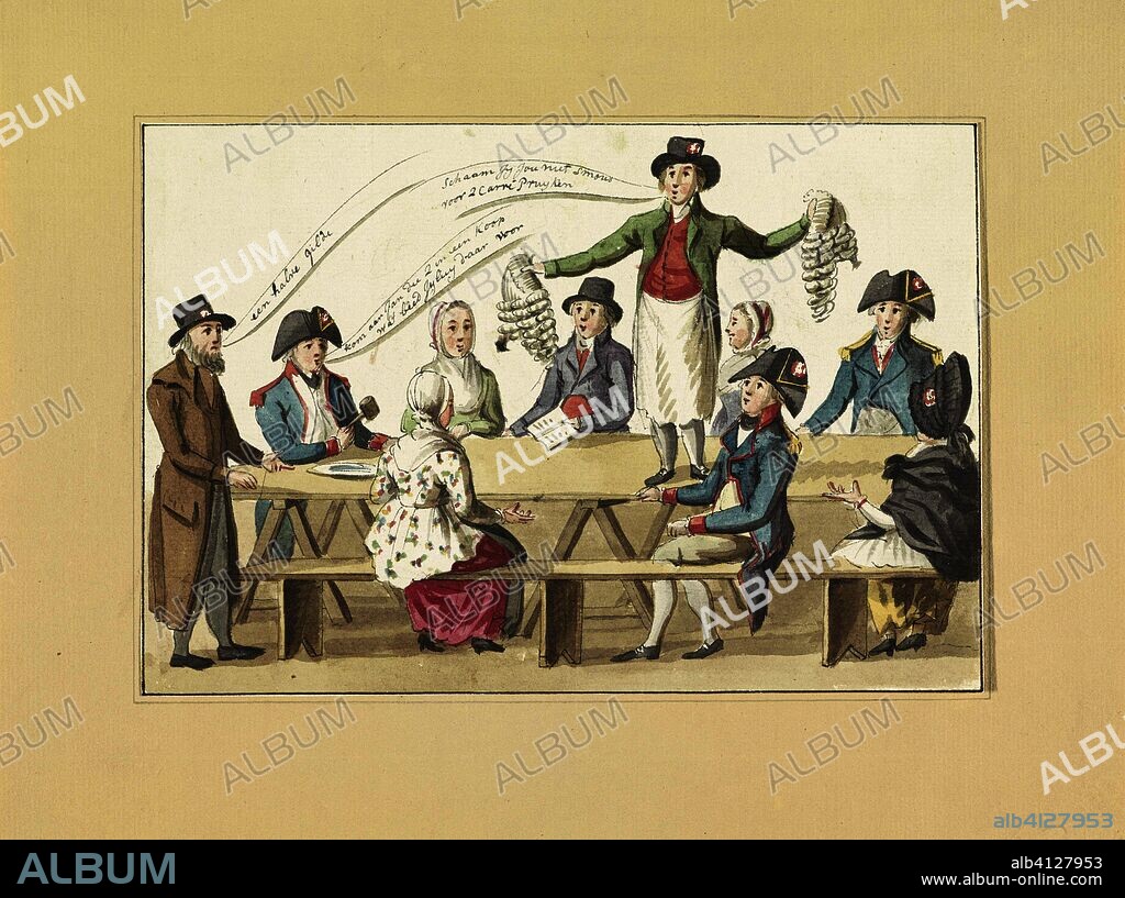 Verkopen van de pruiken, 1795. Vijf gekleurde tekeningen naar spotprenten (1795) (title on object). Draughtsman: anonymous. Dating: 1795. Place: Netherlands. Measurements: h 150 mm × w 220 mm.