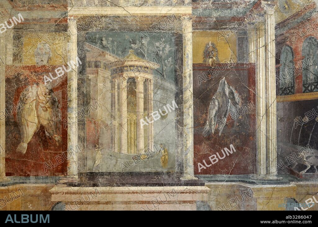 Roman fresco depicting the entrance to a shrine with a tholos on a podium, with a statue of Venus Anadiomena (Venus coming out of the water) to which two women bring offerings of flowers. On both sides, fishes and partridges and, at the top, a theatrical mask and another of a satyr. Cubiculum. North wall. Pompeian House VI. 1st century BC. National Archaeological Museum. Naples. Italy.