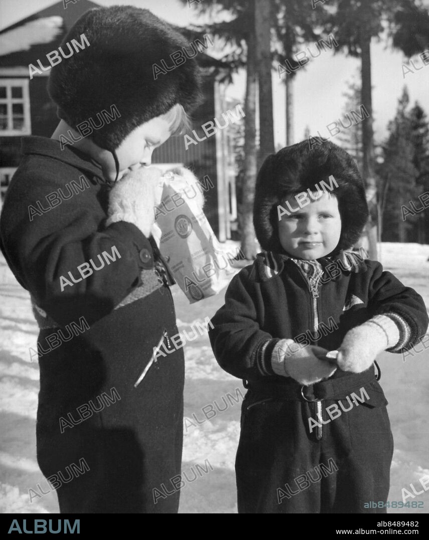 Orig. bildtext.... BORTBYTINGARNA ÄN EN GÅNG. Syskon eller ej? Frågan om de ev. bortbytta barnen i Bureå debatteras alltjämt livligt. Här ses Göran Enqvist i Hjoggböle /störste pojken/ med sin broder /?/ Ulf Valter, som kanske är bortbyting. Anm. Barnförväxling på BB i Bureå i Västerbotten på 1940-talet Syskon Bröder persons: VALTER ENQUIST;GÖRAN ENQUIST sites: HJOGGBÖLE;SVERIGE.