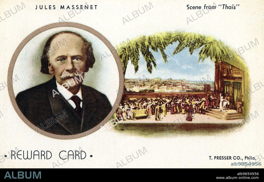 Jules Massenet (1842-1912), French Opera Composer, head and shoulders portrait, Illustrated Color Postcard, Unidentified Artist, T. Presser Company, Philadelphia.