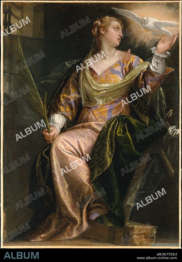 Saint Catherine of Alexandria in Prison. Artist: Paolo Veronese (Paolo Caliari) (Italian, Verona 1528-1588 Venice). Dimensions: 45 3/4 x 33 in. (116.2 x 83.8 cm). Date: ca. 1580-85.
The Roman Emperor Maxentius condemned Saint Catherine, a fourth-century princess of Alexandria who had attempted to convince him of the validity of Christianity, to twelve days of starvation in prison. Veronese shows her in a dark prison cell comforted by the dove of the Holy Ghost. Behind and below her are fragments of the wheel with which the Emperor sought, unsuccessfully, to kill her. She was ultimately martyred by beheading and holds the martyr's palm. The painting was done late in Veronese's career, probably around 1580-85, when his work was characterized by a dramatic use of light and a new depth of expression.