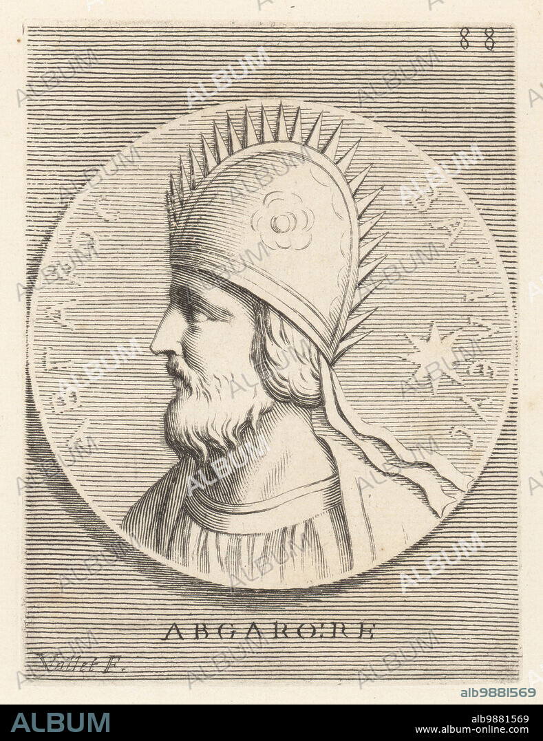 Abgar V, called Ukkama, King of Osroene, with his capital at Edessa (c. 1st century BC - 50 AD). One of the first Christian kings in history, converted by Thaddeus of Edessa. Abgaro Re. From a bronze medal. Copperplate engraving by Guillaume Vallet after Giovanni Angelo Canini from Iconografia, cioe disegni d'imagini de famosissimi monarchi, regi, filososi, poeti ed oratori dell' Antichita, Drawings of images of famous monarchs, kings, philosophers, poets and orators of Antiquity, Ignatio deLazari, Rome, 1699.