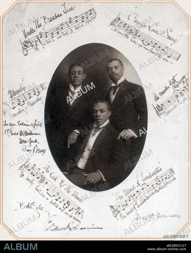 James Weldon Johnson is seen here with his brother, Rosamond and their friend Robert Cole. They wrote music and lyrics for Broadway shows and were called "Those Ebony Offenbachs". James Weldon Johnson (June 17, 1871 - June 26, 1938) was an African-American author, politician, diplomat, critic, journalist, poet, anthologist, educator, lawyer, songwriter, and early civil rights activist. He is remembered best for his leadership within the NAACP, as well as for his writing, which includes novels, poems, and collections of folklore. He was also one of the first African-American professors at New York University. Following the flourishing of the Harlem Renaissance in the 1920s, Johnson compiled an anthology of poetry by black writers, The Book of American Negro Poetry, published in 1931. This established the African-American poetic tradition for a much wider audience, also inspiring younger poets. In 1930, he published a sociological study, Black Manhattan. (1930) His Negro Americans, What Now? (1934), was a book-length address advocating fuller civil rights for African Americans. He died in 1938, at the age of 67, while vacationing in Maine, when the car he was driving was hit by a train. His funeral in Harlem was attended by more than 2000 people.