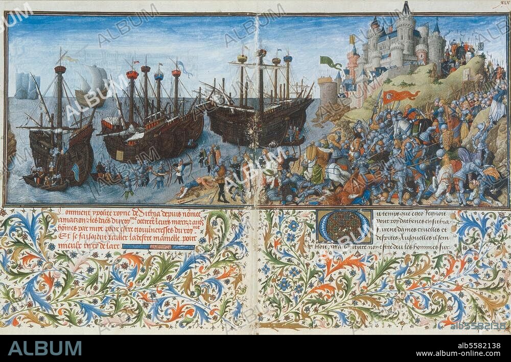 Boccaccio, Giovanni; ital. Dichter und Humanist; 1313-1375. Werke: Teseida (um 1340). "Die Griechen unter Theseus im Kampf gegen die Amazonen unter Hippolyte". Französische Buchmalerei, um 1470. Aus der ältesten französischen Übersetzung; aus dem Besitz des Königs René von Anjou. Cod. 2617 fol 19. Wien, Österreichische Nationalbibliothek.