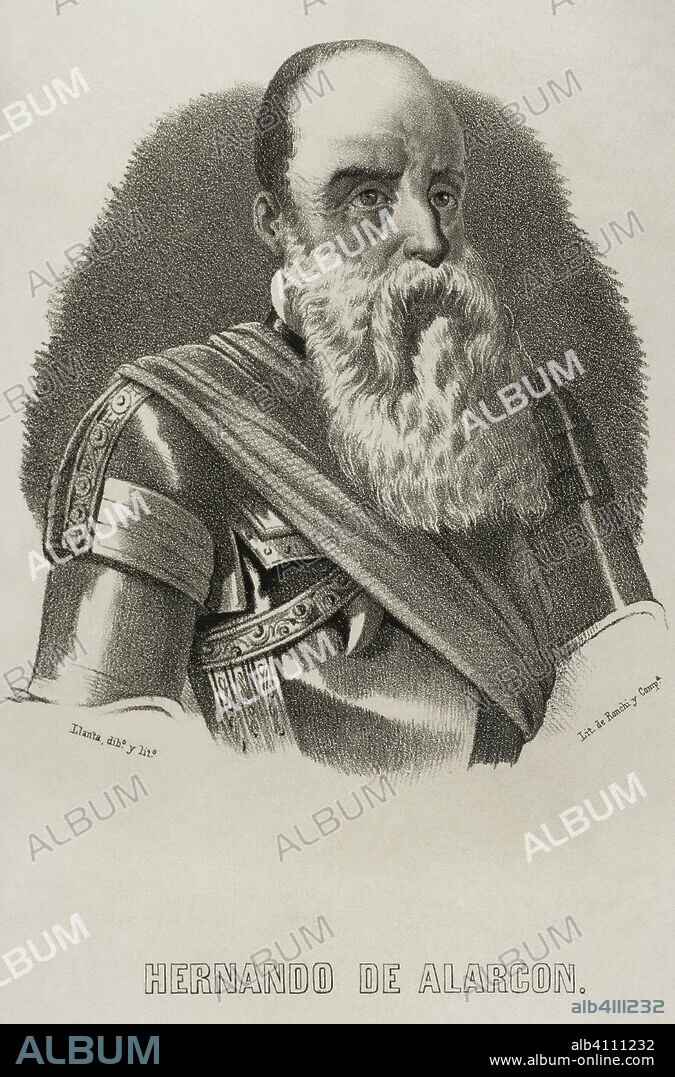 Hernando de Alarcon (1466-1540). Spanish explorer and navigator of the 16th century. Drawing by Santiago Llanta. Portrait. Lithography, 19th century. Cronica General de Espa–a, Historia Ilustrada y Descriptiva de sus Provincias. Castilla-La Nueva, 1869.