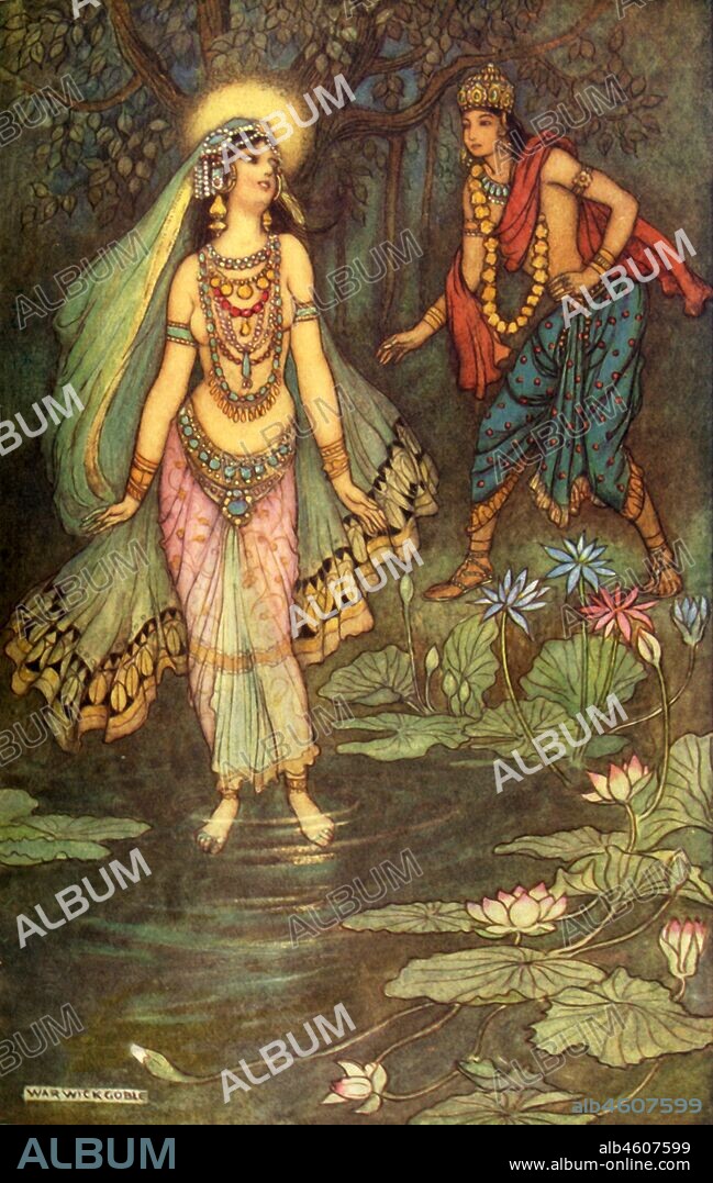 WARWICK GOBLE. 'Shantanu Meets the Goddess Ganga', 1913.  Shantanu, king of Hastinapura discovers his wife the goddes Ganga who will bear him eight sons, cursed by Vasishtha to be born on earth as mortal humans. From "Indian Myth and Legend", by Donald A. Mackenzie. [The Gresham Publishing Company Limited, London, 1913].
