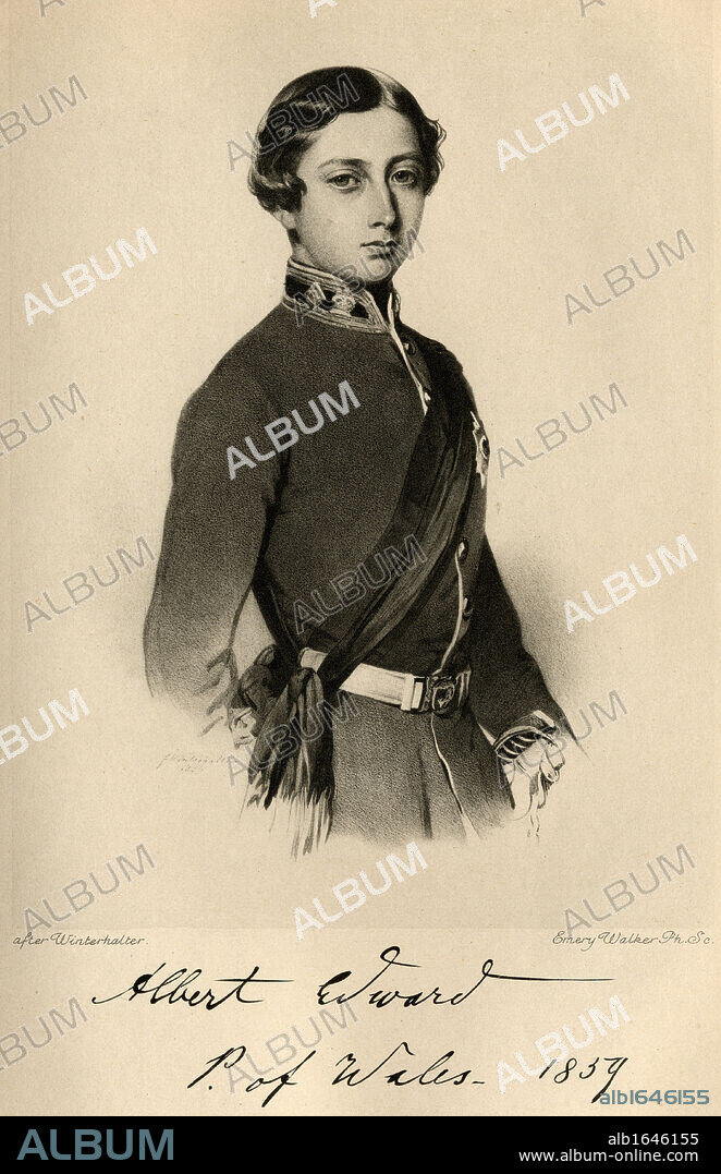 Albert Edward Prince of Wales in 1859. 1841-1910 Prince of Wales, Duke of Saxony, Prince of Saxe Coburg Gotha, future King Edward VII of Great Britain and Ireland,1901-1910.Engraved by Emery Walker after Winterhalter.From the book 'The Letters of Queen Victoria 1854-1861 Vol III ' published 1907.
