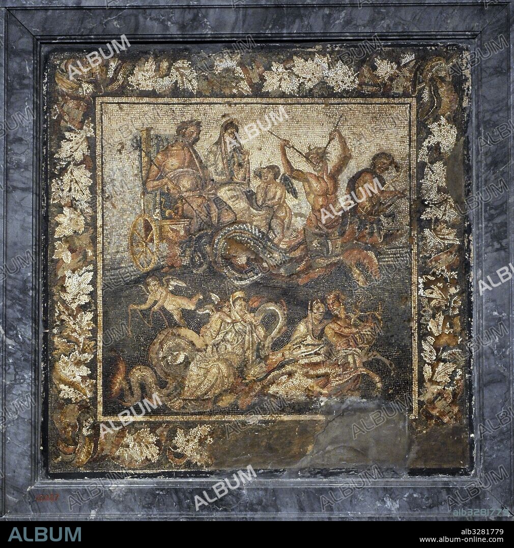 Roman mosaic. Neptune and Amphitrite in a chariot. House of Granduca di Toscana (IX, 2, 27), Pompeii. National Archaeological Museum, Naples. Italy.