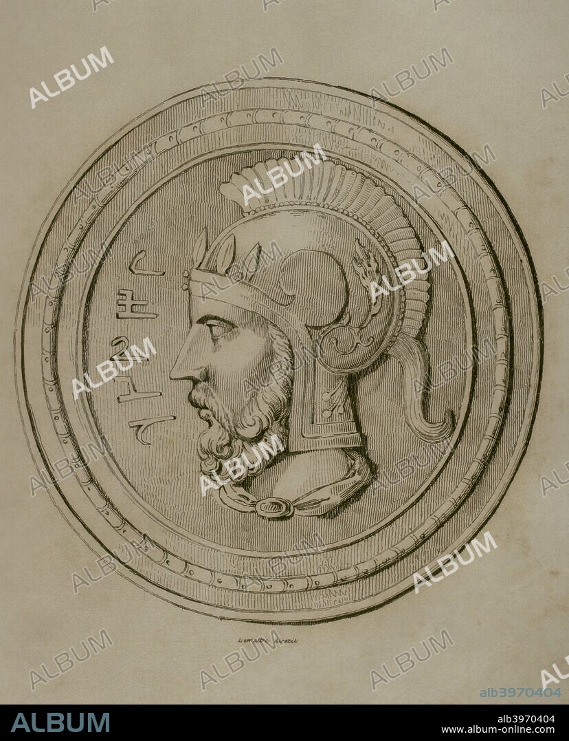 Hannibal Barca (247-183/181 BC). Carthaginian military. Engraving. Lemaitre direxit. Panorama Universal. History of Carthage, 1850.