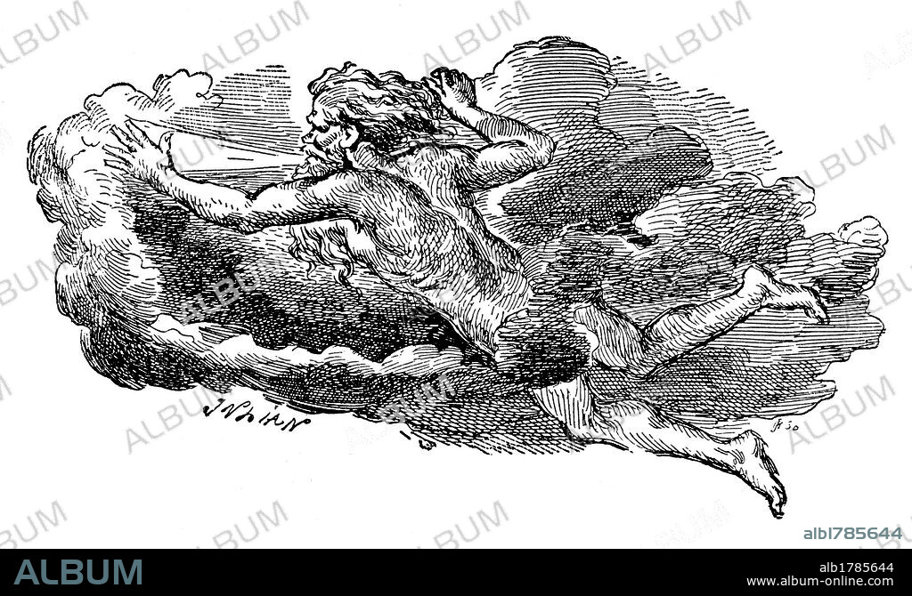 Dibujo de Eolo, dios de los vientos según la mitología griega. Grabado de 1905.