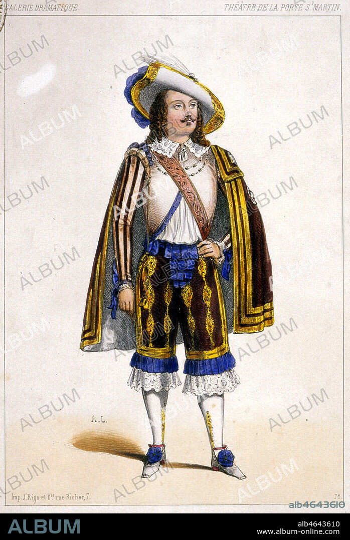 Frederic LEMAITRE jouant le personnage de Don Cesar de Bazan dans la piece de Victor HUGO : RUY-BLAS au theatre de la porte St Martin. Portrait en pied tire de la Galerie Dramatique, milieu 19eme. Credit : Collection KHARBINE-TAPABOR.