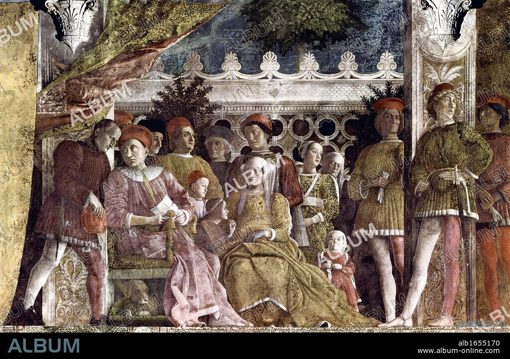 Andrea Mantegna (c. 1431 - 1506) Italian Renaissance painter. ' The Court of Mantua' 1471-74. Fresco Camera degli Sposi Ducal Palace, Mantua, Italy). At the left, Ludovico II Gonzaga.