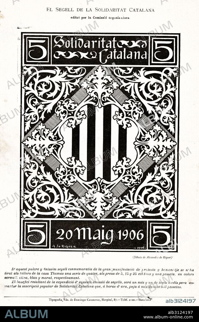 ALEXANDRE DE RIQUER YNGLADA. Sello de la Solidaritat Catalana conmemorativo de la manifestación de protesta, Barcelona 20 mayo 1906. Dibujo de Alexandre de Riquer.