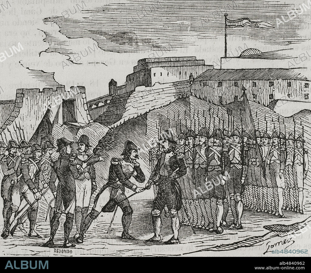 Guerra del Rosellón, también llamada Guerra de los Pirineos o Guerra de la Convención, (1793-1795). Conflicto entre la España de Carlos IV y la Primera República Francesa. Rendición del castilo de Figueras (27 de noviembre de 1794) ante las tropas del general Perignon. Grabado. "Historia del Levantamiento, guerra y revolución de España", por el conde de Toreno. Madrid,1851.