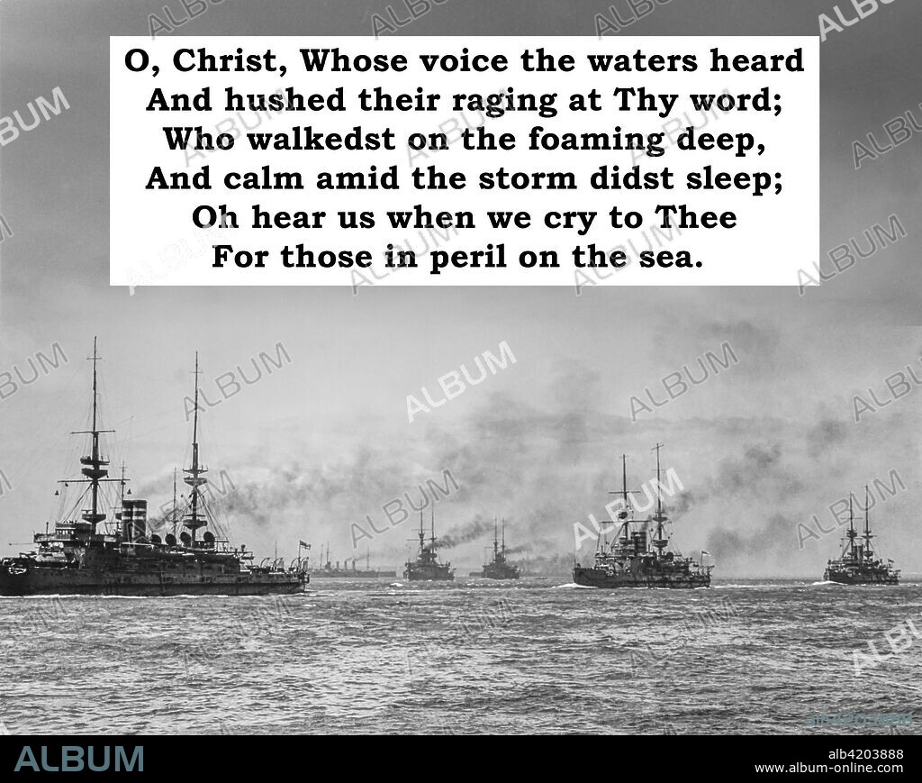 Lyrics to the Navy hymn 'Eternal Father, Strong to Save' with a background of ships on the ocean.