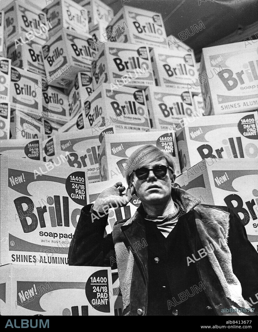 American artist Andy Warhol with 500 Brillo boxes at Modern Art Museum (Swedish: Moderna Museet) in Stockholm, Sweden, on Feb. 09, 1968, the day before the opening of the exhibition.. Photo: Lasse Olsson / DN / TT/ code 45.
