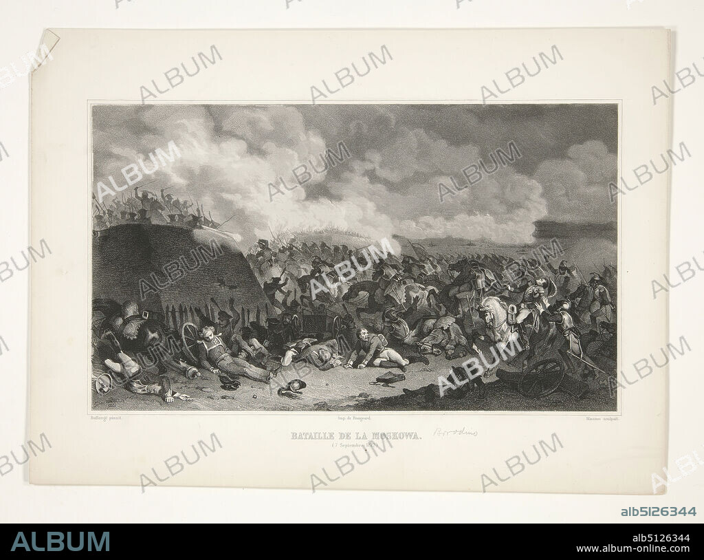 Engraver: Alphonse Charles Masson, French, 18141898, After: Joseph-Louis-Hippolyte Bellangé, French, 18001866, Bataille de la Moskowa (Battle of Moscow), Engraving, sheet: 22 × 30.5 cm (8 11/16 × 12 in.), French, 19th century, Works on Paper - Prints.