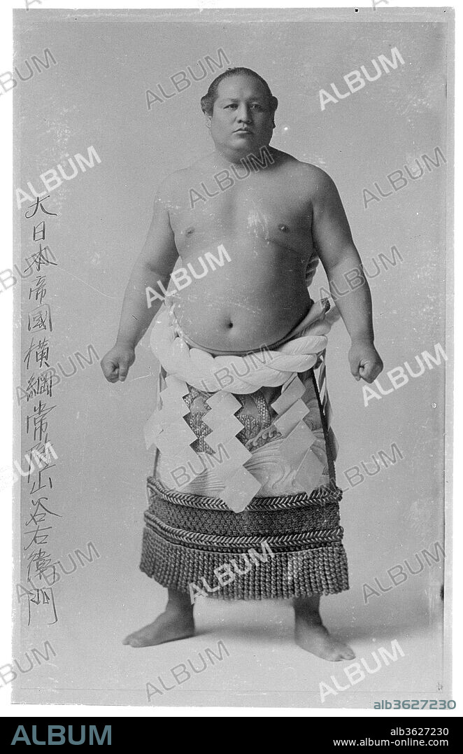 Grand Champion (Yokozuna) Taniemon Hitachiyama. Culture: Japan. Dimensions: 16 x 10 1/4 in. (40.6 x 26 cm). Date: early 20th century.
Taniemon Hitachiyama (1874-1922) became a grand champion (yokozuna) in 1903, toured the United States and Europe in 1907-8, and retired from wrestling in 1914. He is shown here in full ceremonial garb. Sumo wrestlers wear long elaborate ceremonial aprons (kesho mawashi) such as this one for the ring-entering ceremony (dohyo iri} that precedes wrestling matches. The ropelike belt (yokozuna) and the folded paper streamers (gohei) worn at the waist bear strong associations with the Japanese Shinto religion.