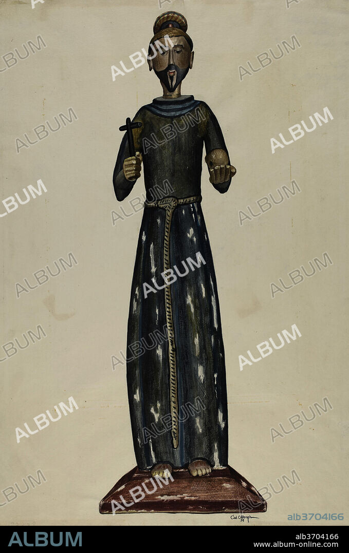 CARL O'BERGH. Bulto, Priest Carrying Cross and Skull. Dated: 1939. Dimensions: overall: 55.8 x 37.7 cm (21 15/16 x 14 13/16 in.)  Original IAD Object: 33 1/2"high; 11"wide at base.. Medium: watercolor, colored pencil, and graphite on paper.