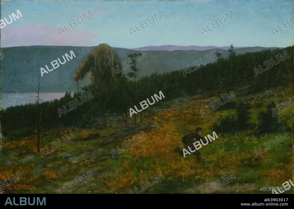 THEODOR KITTELSEN. Det steg saa tungt at Jorden skalv / The Ash Lad and the Troll. Date/Period: 1900. Painting. Oil on canvas. Height: 45 cm (17.7 in); Width: 68 cm (26.7 in).