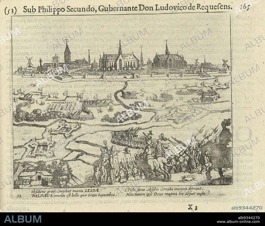 Siege of Leiden, 1574, The siege of Leiden, 1574. In the foreground Spanish troops advancing towards the entrenchments of the besieged city. In the distance the profile of the city in which the churches are shown conspicuously large. With 4-line caption in Latin. Numbered: 53. Printed on reverse with text in Latin., print maker: Simon Frisius, publisher: Michiel Colijn, print maker: Northern Netherlands, publisher: Amsterdam, 1613 - 1615 and/or 1621 - 1622, paper, etching, height 133 mm × width 160 mm.