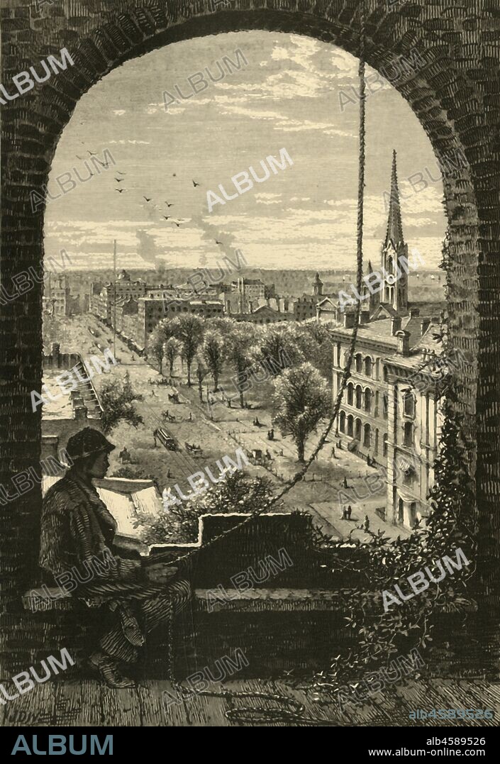 JOHN KARST. 'Superior Street, Cleveland, from Presbyterian Church', 1872. View of the city of Cleveland, Ohio, USA. On the right is the spire of the Old Stone Church, with trees marking the Public Square. Between the the viewer and the church is the old post office and custom house. From "Picturesque America; or, The Land We Live In, A Delineation by Pen and Pencil of the Mountains, Rivers, Lakes...with Illustrations on Steel and Wood by Eminent American Artists" Vol. I, edited by William Cullen Bryant. [D. Appleton and Company, New York, 1872].