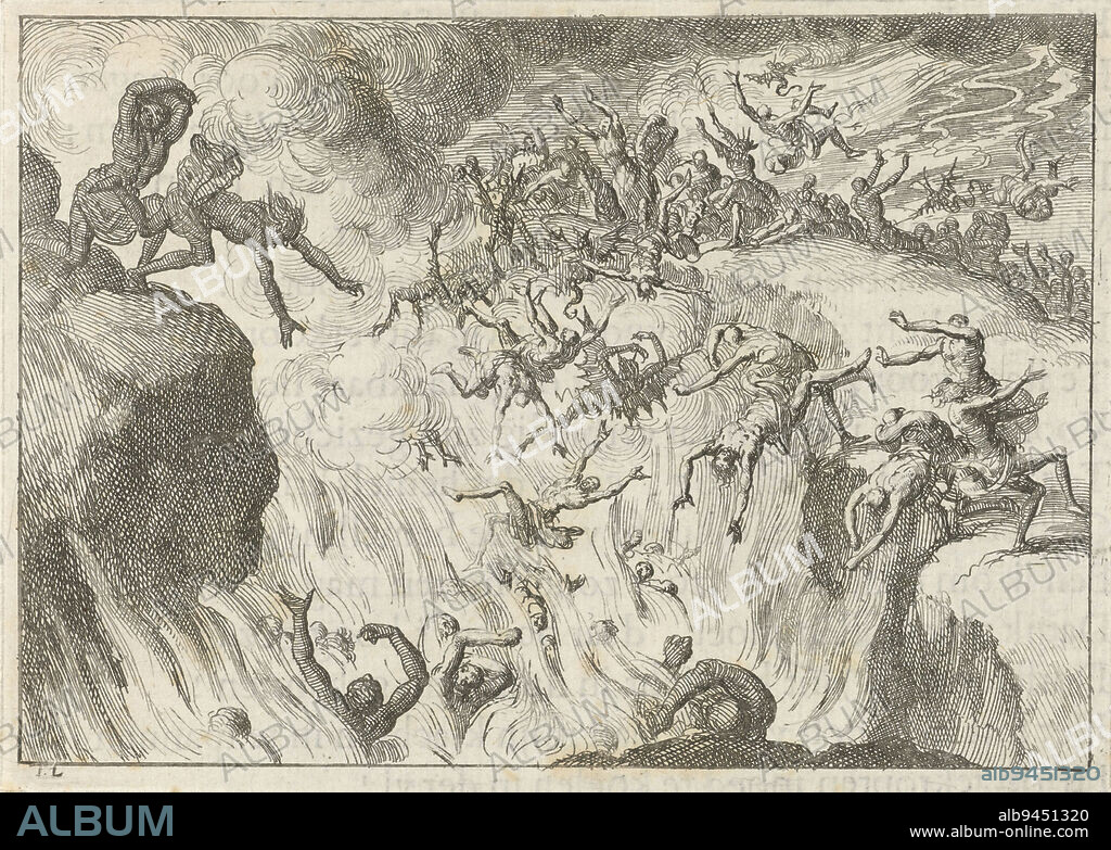 Naked men and women are cast into the eternal flames of hell by devils, Damned are cast into the Eternal Fire, print maker: Jan Luyken, (mentioned on object), publisher: David Ruarus, Amsterdam, 1687, paper, etching, letterpress printing, h 93 mm × w 130 mm.